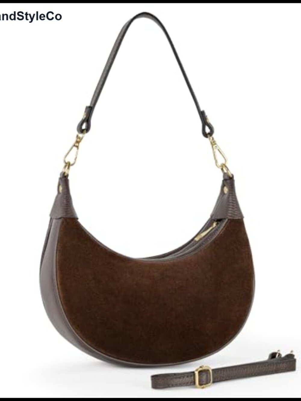 Genuine Suede & Calf Leather Crescent Saddle Shoulder Bag with 2 Straps